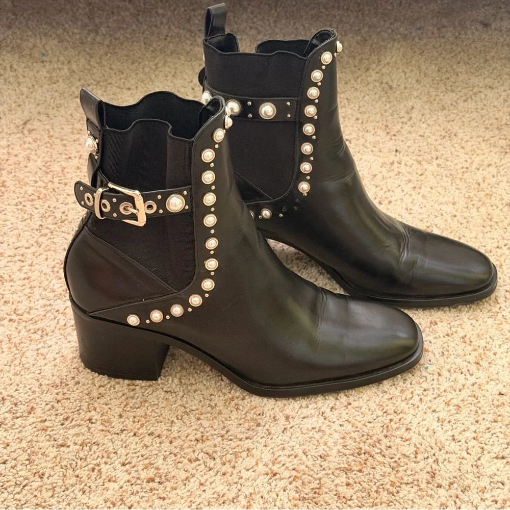 ZARA Black Pearl-Stud Ankle Boots – Women’s Size 41